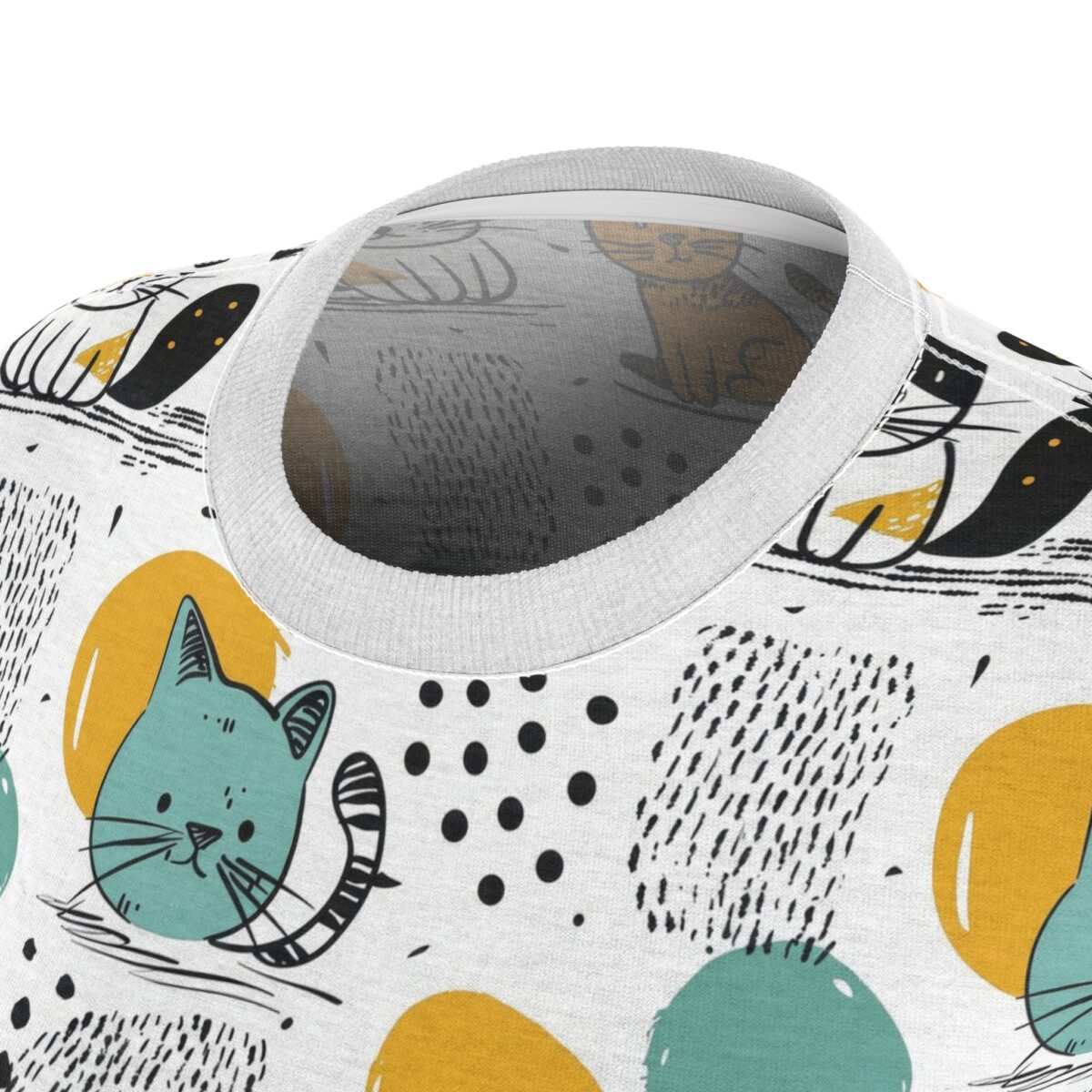 Retro cat abstract graphic sublimation tee with teal, yellow, and black elements, featuring a playful design.