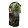 Intense chimpanzee face with bared teeth and jungle foliage, an all over print t-shirt.