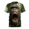Fierce chimp face and jungle foliage cover this all over print t-shirt, with mossy branches and ferns.