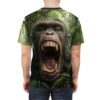 Fierce chimpanzee face and lush jungle scene cover this all over print t-shirt.
