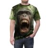 A close-up of a chimpanzee's face with its mouth open, surrounded by a lush green jungle scene. This all over print t-shirt showcases intricate detail.