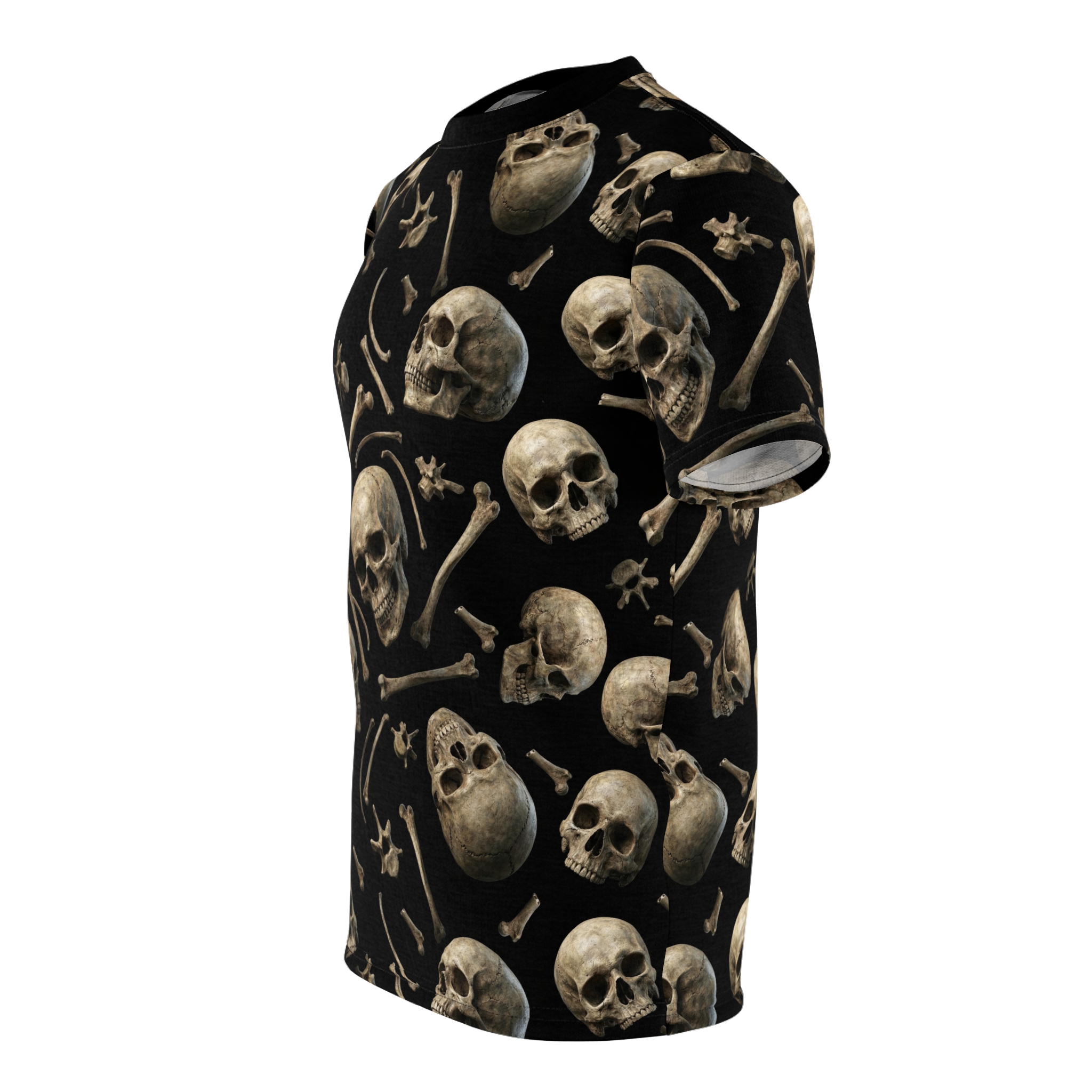 Realistic skulls and bones in a vintage style cover this all over print t-shirt.