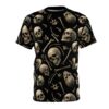 Realistic vintage skulls and bones scattered across a black all over print t-shirt.