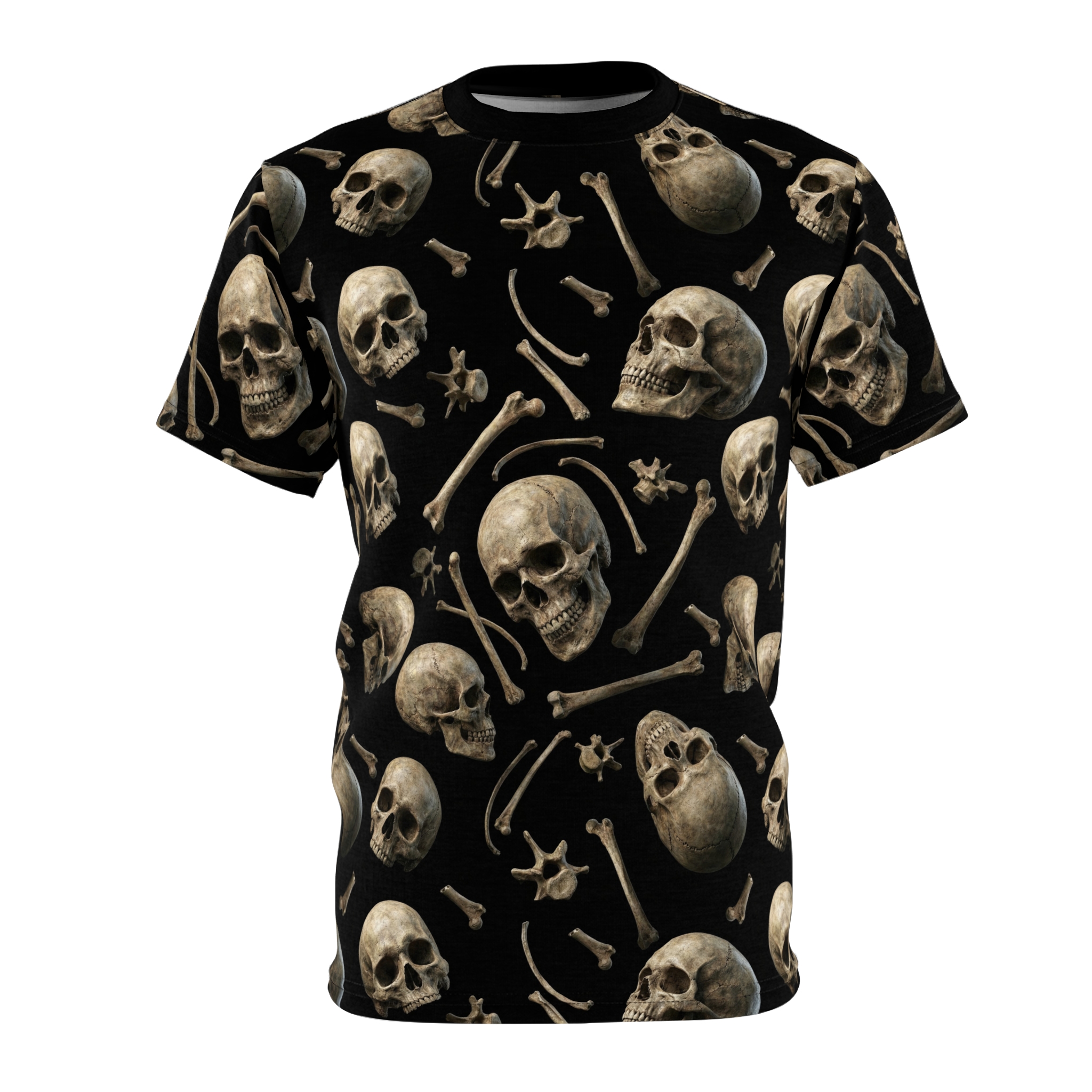 Realistic vintage skulls and bones scattered across a black all over print t-shirt.