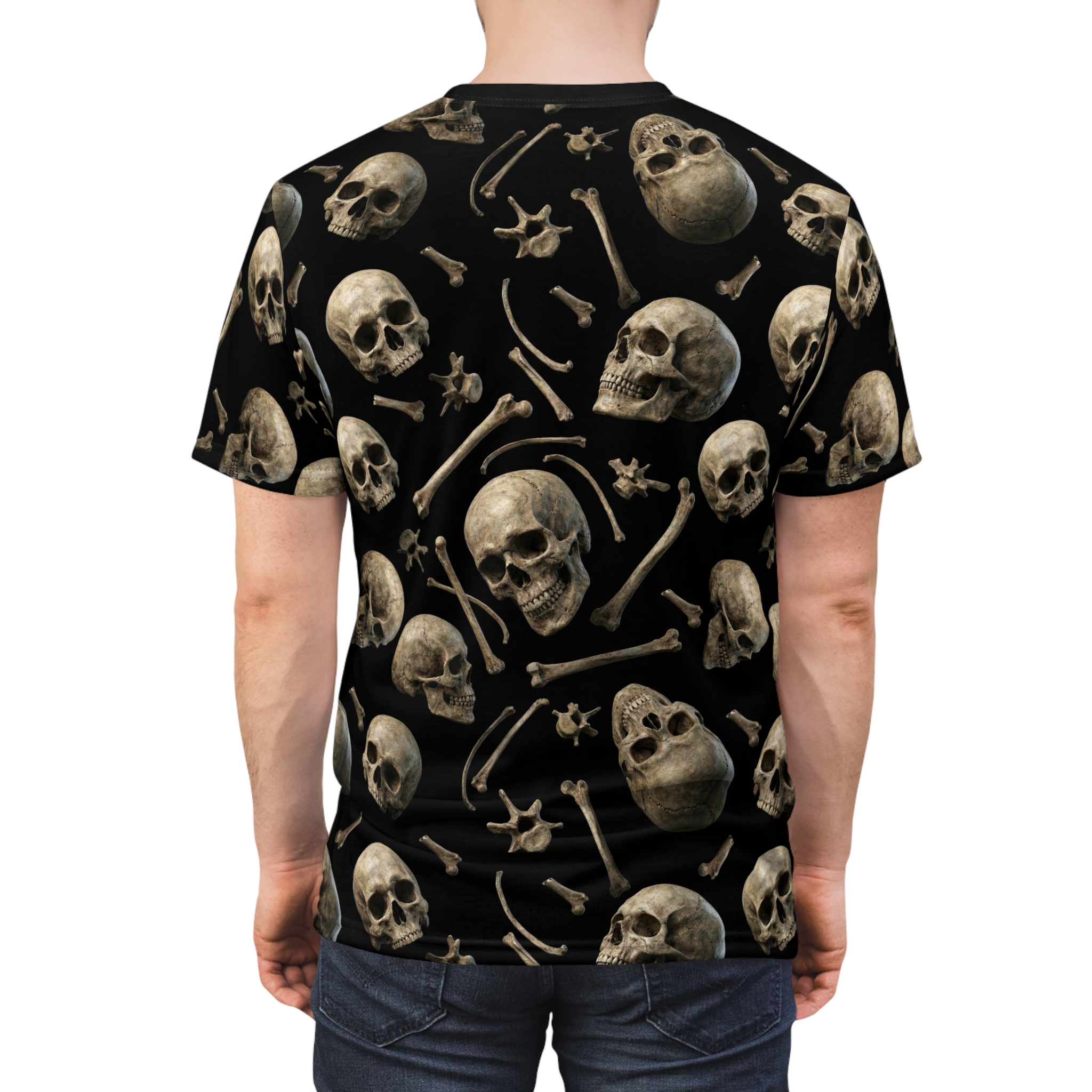 Realistic skulls and bones scattered on a black all over print t-shirt.