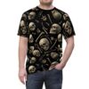 Realistic vintage skulls and bones scattered across a black background on this all over print t-shirt.