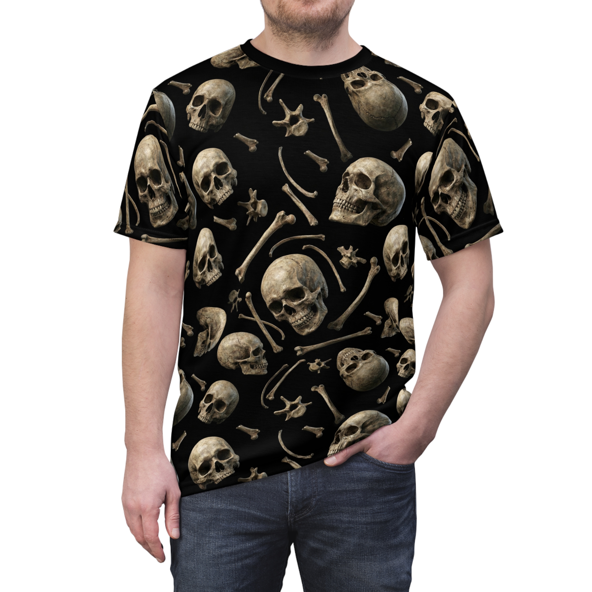 Realistic vintage skulls and bones scattered across a black background on this all over print t-shirt.