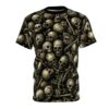 A dense pile of weathered skulls and bones in muted greens and browns covers this all over print t-shirt.