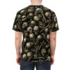 Greenish, cracked skulls and bones create a dark, all over print t-shirt pattern.