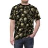 Muted green and brown skulls and bones create a dense pattern on this all over print t-shirt.