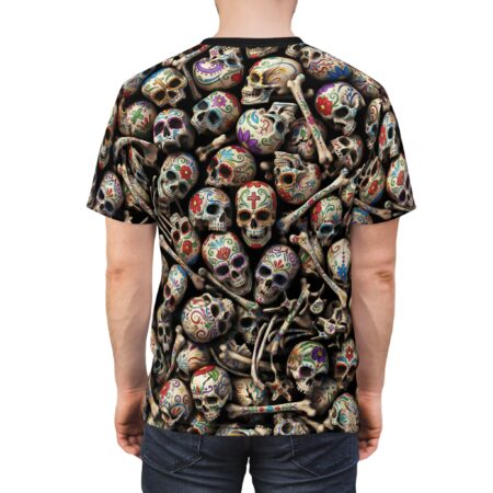 Vibrant Sugar Skull Tee — All-Over Day of the Dead Skull Print Shirt – eye-catching full print casual top