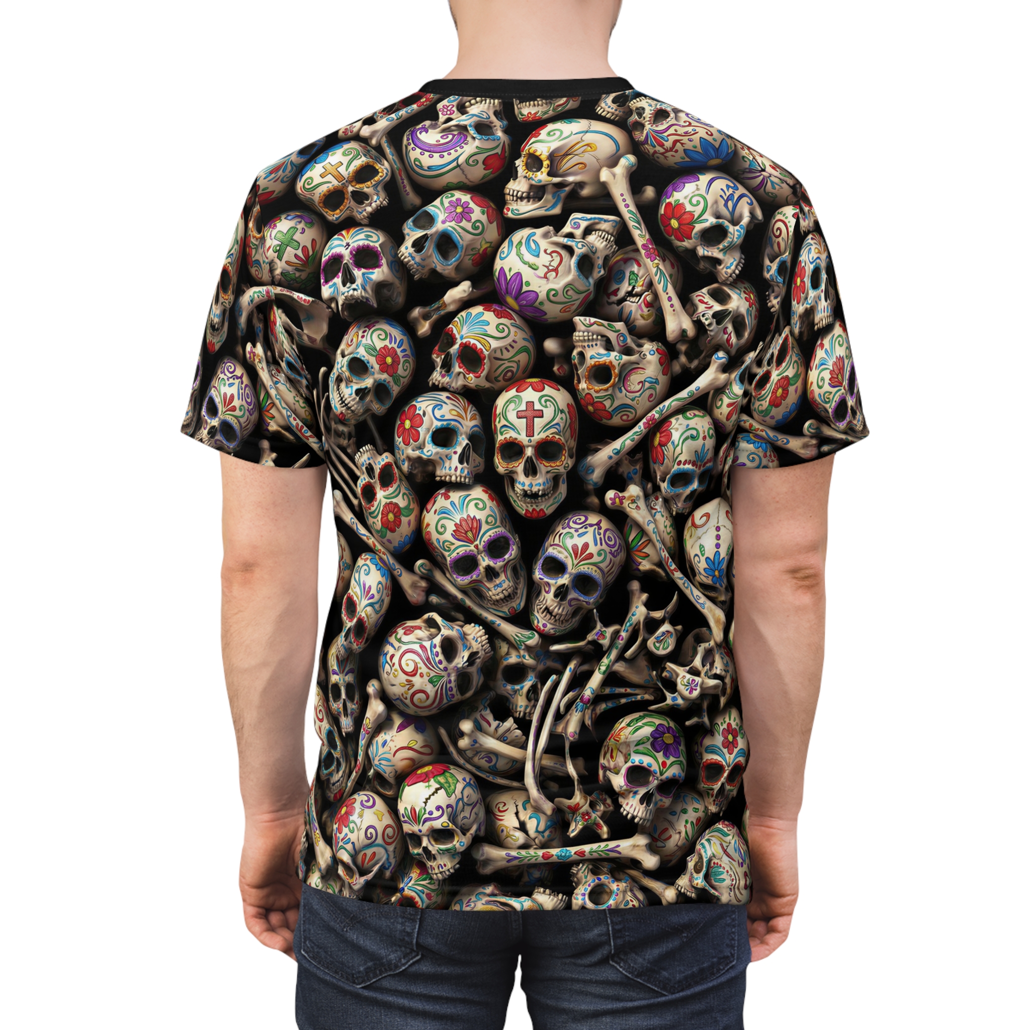 Colorful sugar skulls and bones create a busy, all over print t-shirt pattern on a black background.