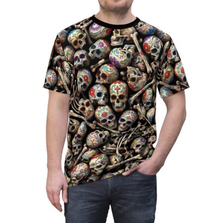 Vibrant Sugar Skull Tee — All-Over Day of the Dead Skull Print Shirt – eye-catching full print casual top