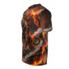 Fiery lava flows and volcanic peaks surround a fierce tiger warrior in full armor, an all over print t-shirt.