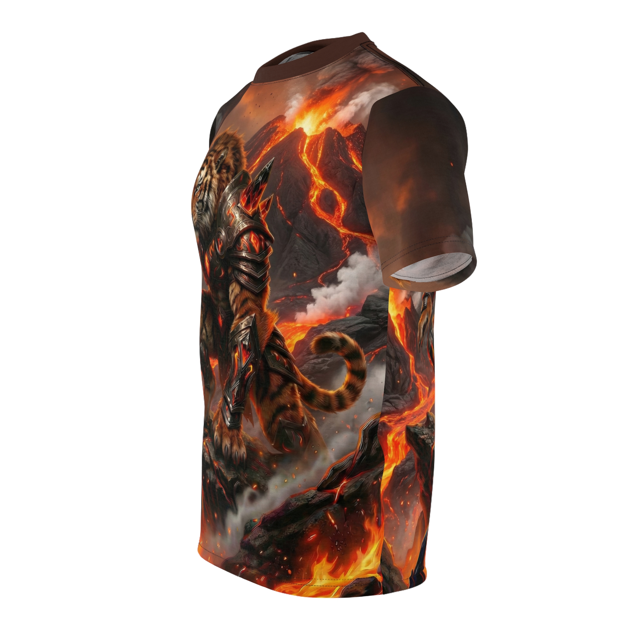 Fiery lava flows and volcanic peaks surround a fierce tiger warrior in full armor, an all over print t-shirt.