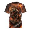 Fiery lava spews from volcanoes behind a fierce tiger warrior in full armor, on this all over print t-shirt.