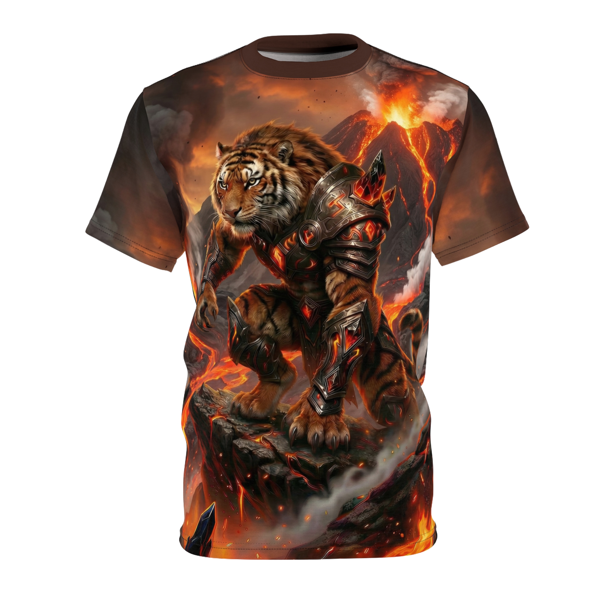 Fiery lava spews from volcanoes behind a fierce tiger warrior in full armor, on this all over print t-shirt.