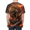 Fiery lava flows and smoke surround a fierce armored tiger in this all over print t-shirt.