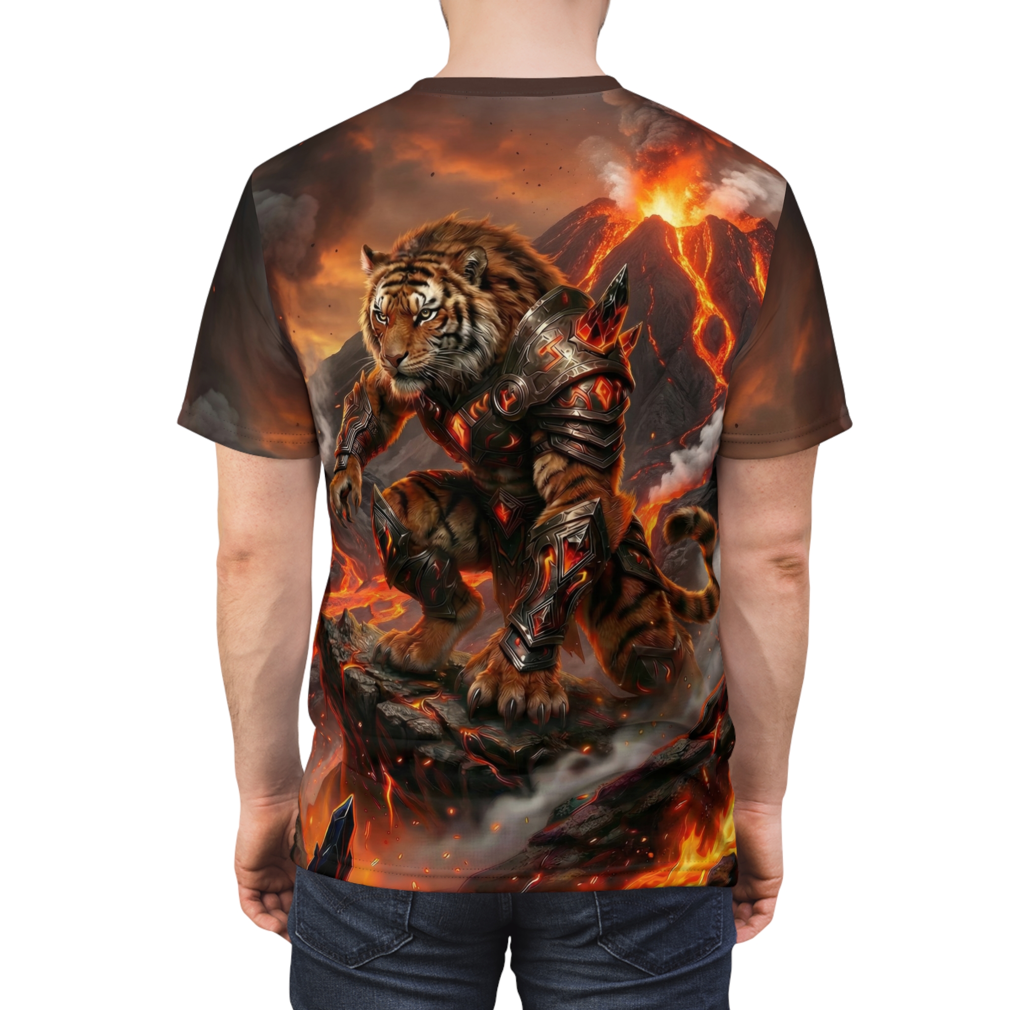 Fiery lava flows and smoke surround a fierce armored tiger in this all over print t-shirt.