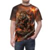 A fierce tiger in molten armor crouches on rocks amidst a volcanic eruption, an all over print t-shirt.