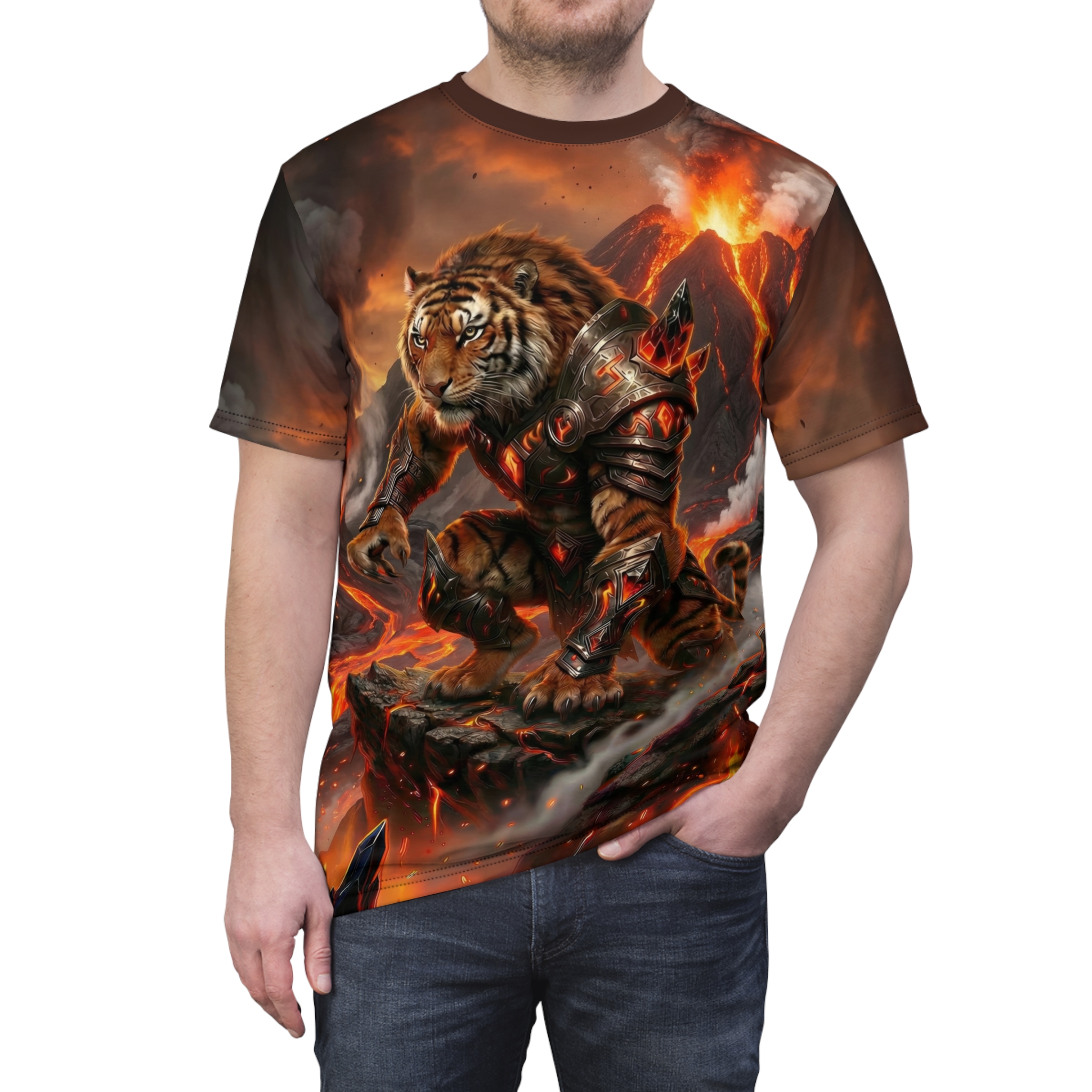 A fierce tiger in molten armor crouches on rocks amidst a volcanic eruption, an all over print t-shirt.