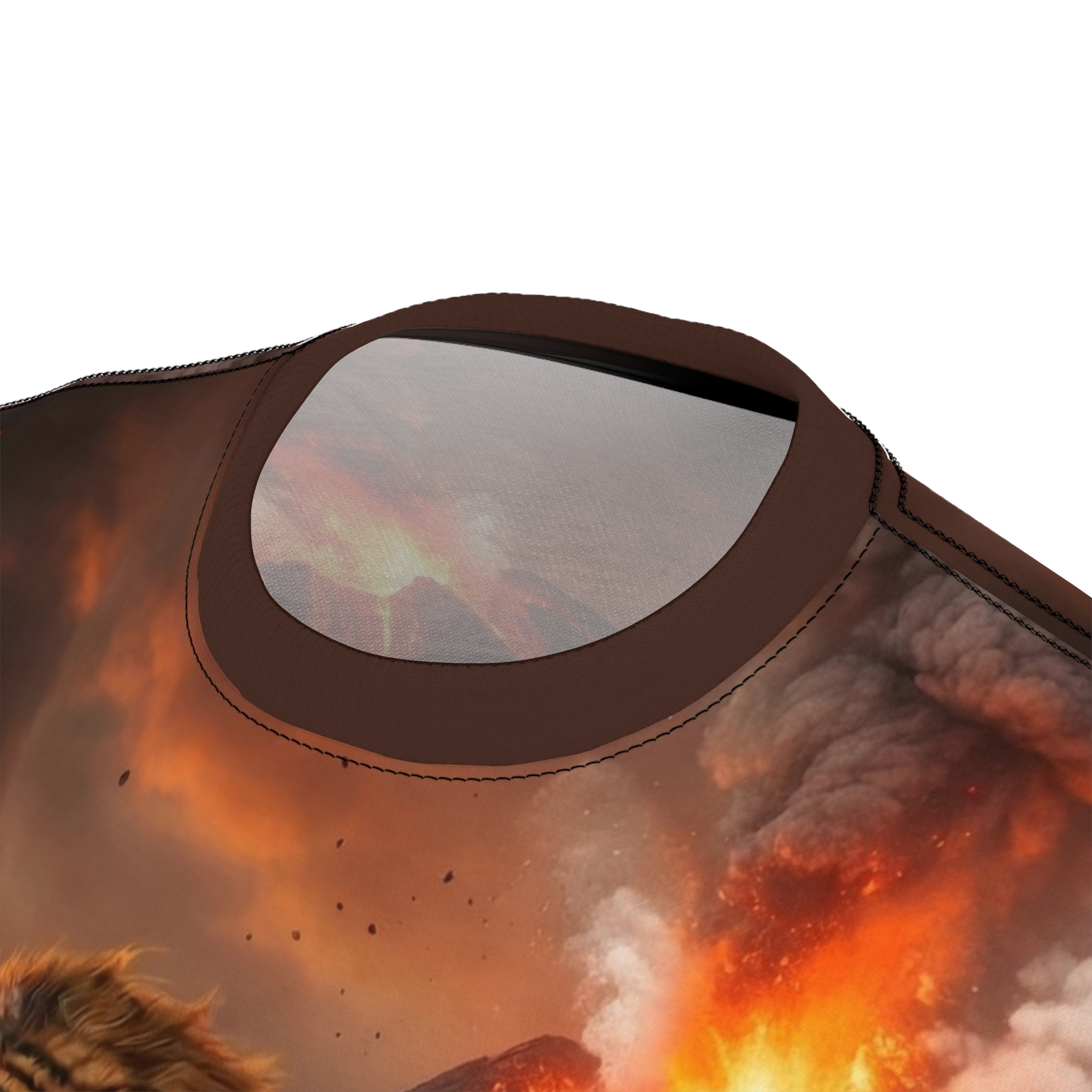Fiery oranges and reds fill this all over print t-shirt, depicting a roaring tiger amidst volcanic eruptions.