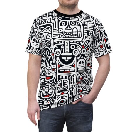 Stylish Tribal Doodle All-Over Print Tee — Black & White Abstract Faces – durable everyday unisex apparel