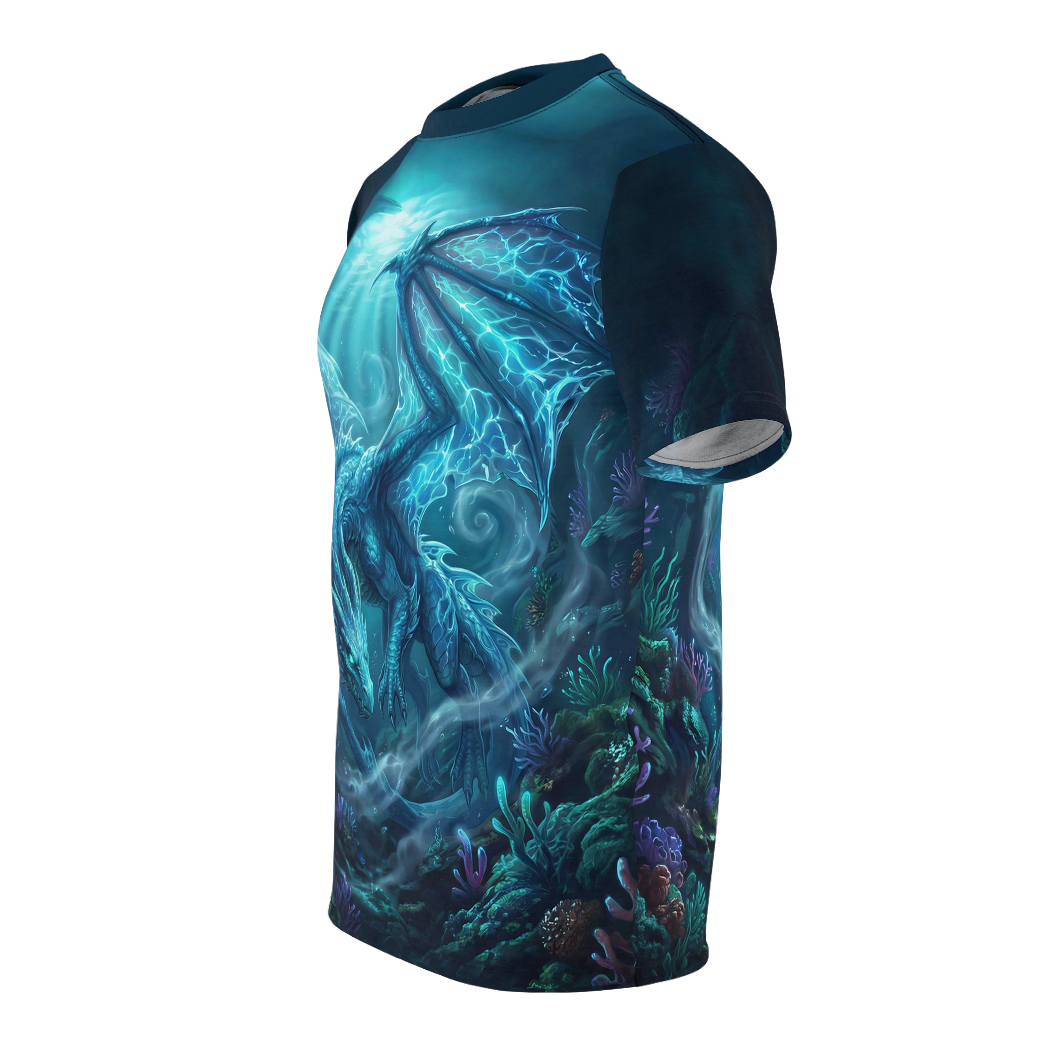 Deep blue and cyan underwater scene with a glowing ice dragon and coral reefs, an all over print t-shirt.