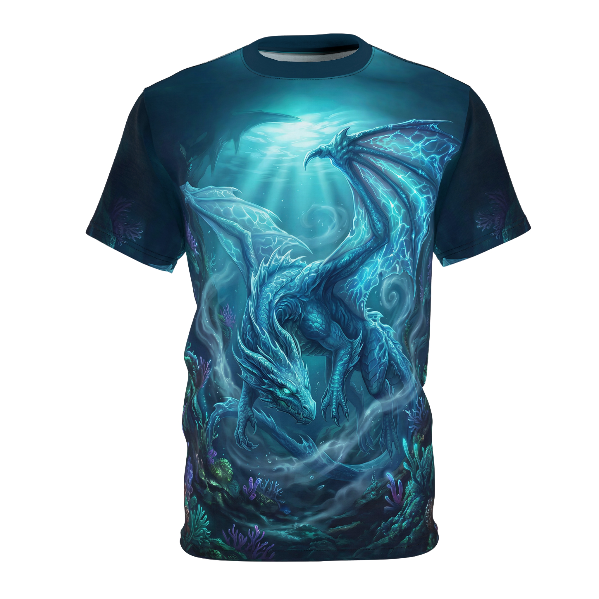 Deep blue hues and glowing aquatic flora surround a luminous ice dragon in this all over print t-shirt.