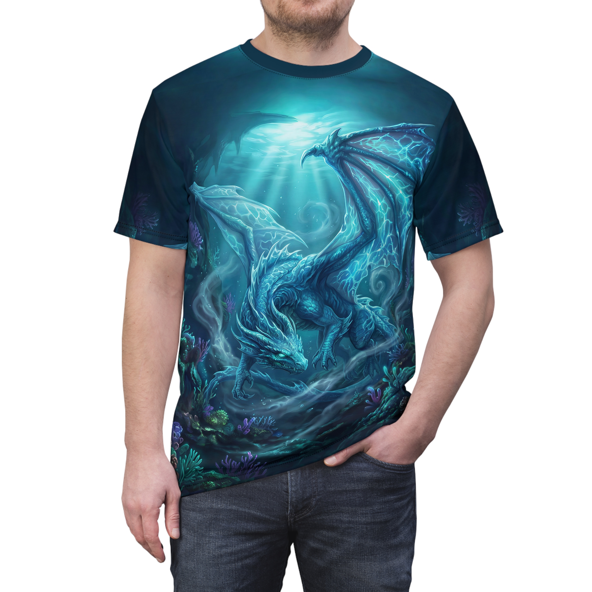 Bright blue dragon in underwater cave, detailed coral and plants, all over print t-shirt.