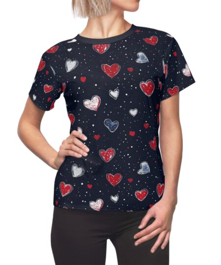 Women's Heart-Print Tee — Red & Blue Watercolor Hearts All-Over Print