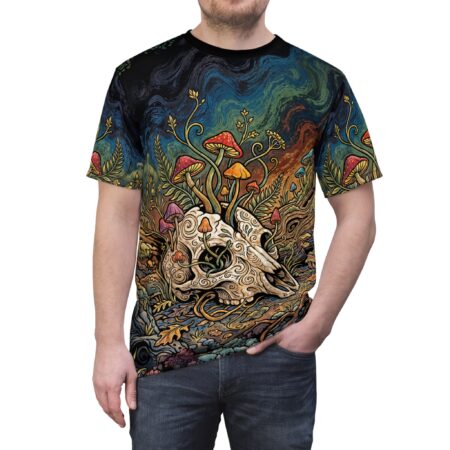 Skull & Mushroom All-Over Print Tee — Psychedelic Nature Graphic T-Shirt