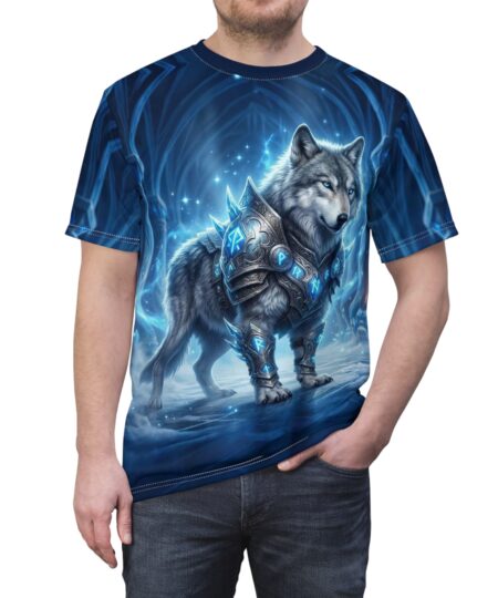 Epic Artic Armored Wolf in Blue Armor Fantasy T-Shirt – Glow Effect All-Over Print