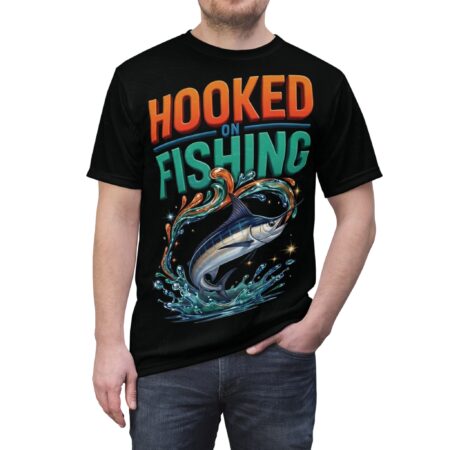 Premium Hooked on Fishing Tee — Graphic Marlin Fishing T-Shirt for Anglers – soft all-over print unisex tee