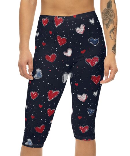 Capri Leggings - Navy Red & White Heart Print (Valentine’s Day)