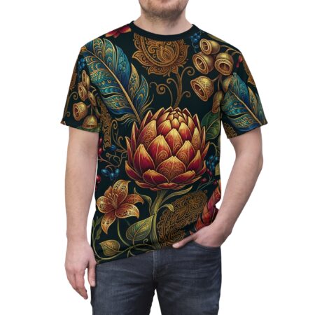 Floral Baroque All-Over Print Tee — Ornate Lotus & Feather Pattern