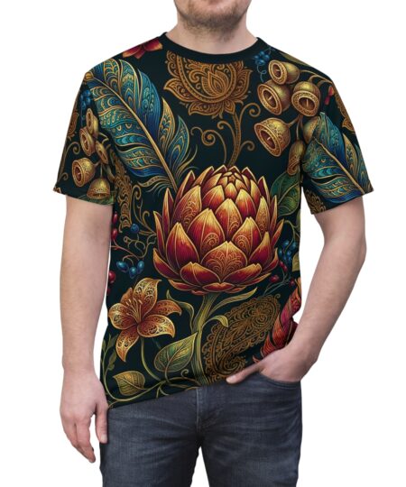 Floral Baroque All-Over Print Tee — Ornate Lotus & Feather Pattern