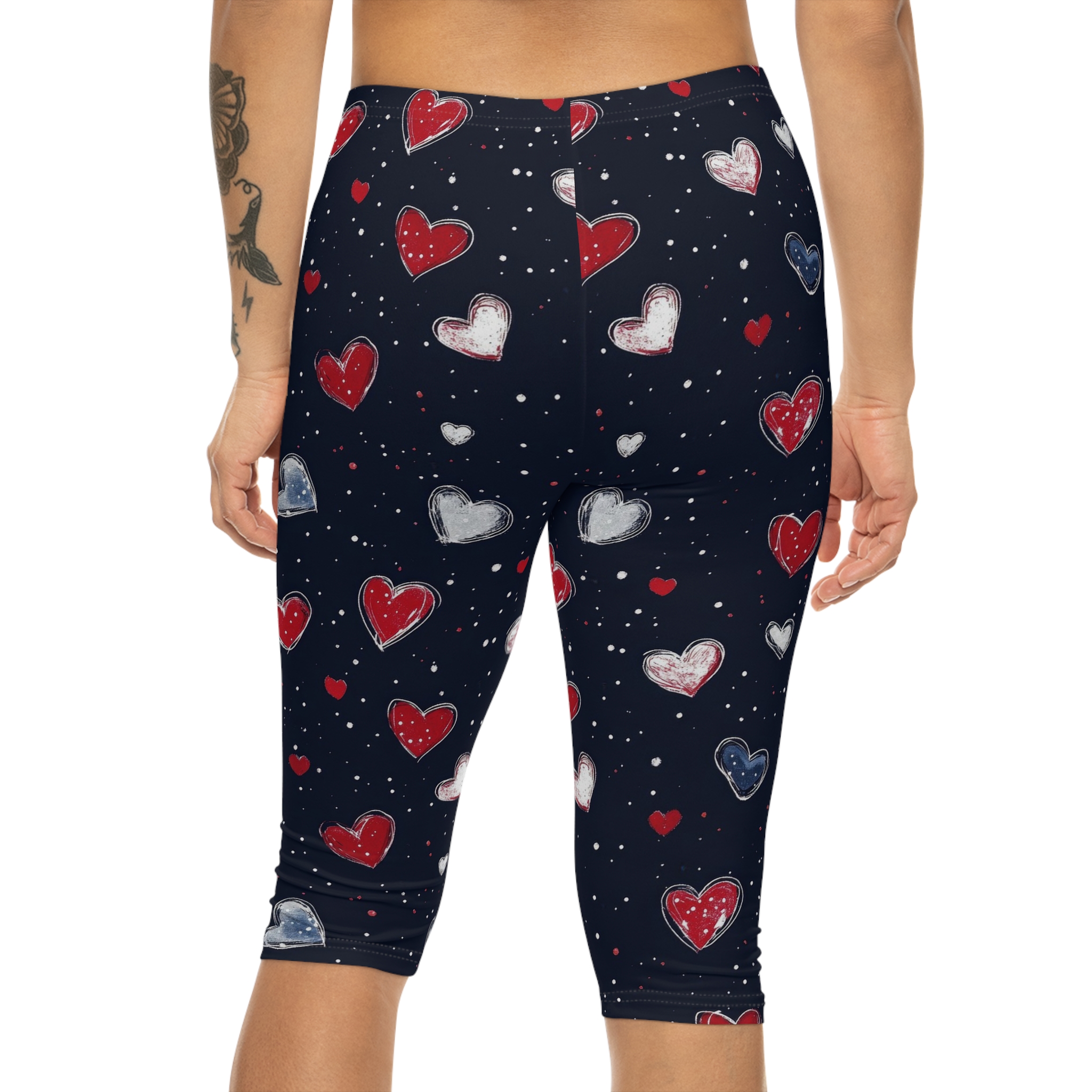 Capri Leggings - Navy Red & White Heart Print (Valentine’s Day) - Image 3
