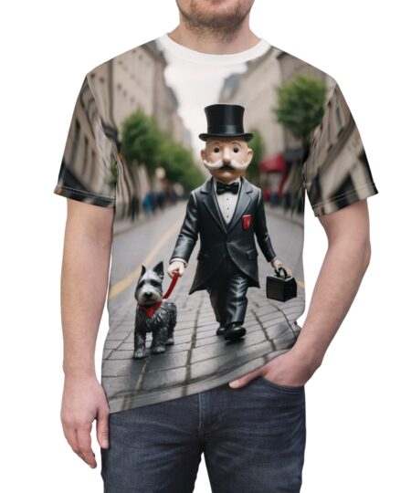 Gentleman Monopoly Man Walking Dog T‑Shirt — Vintage City Stroll All‑Over Print