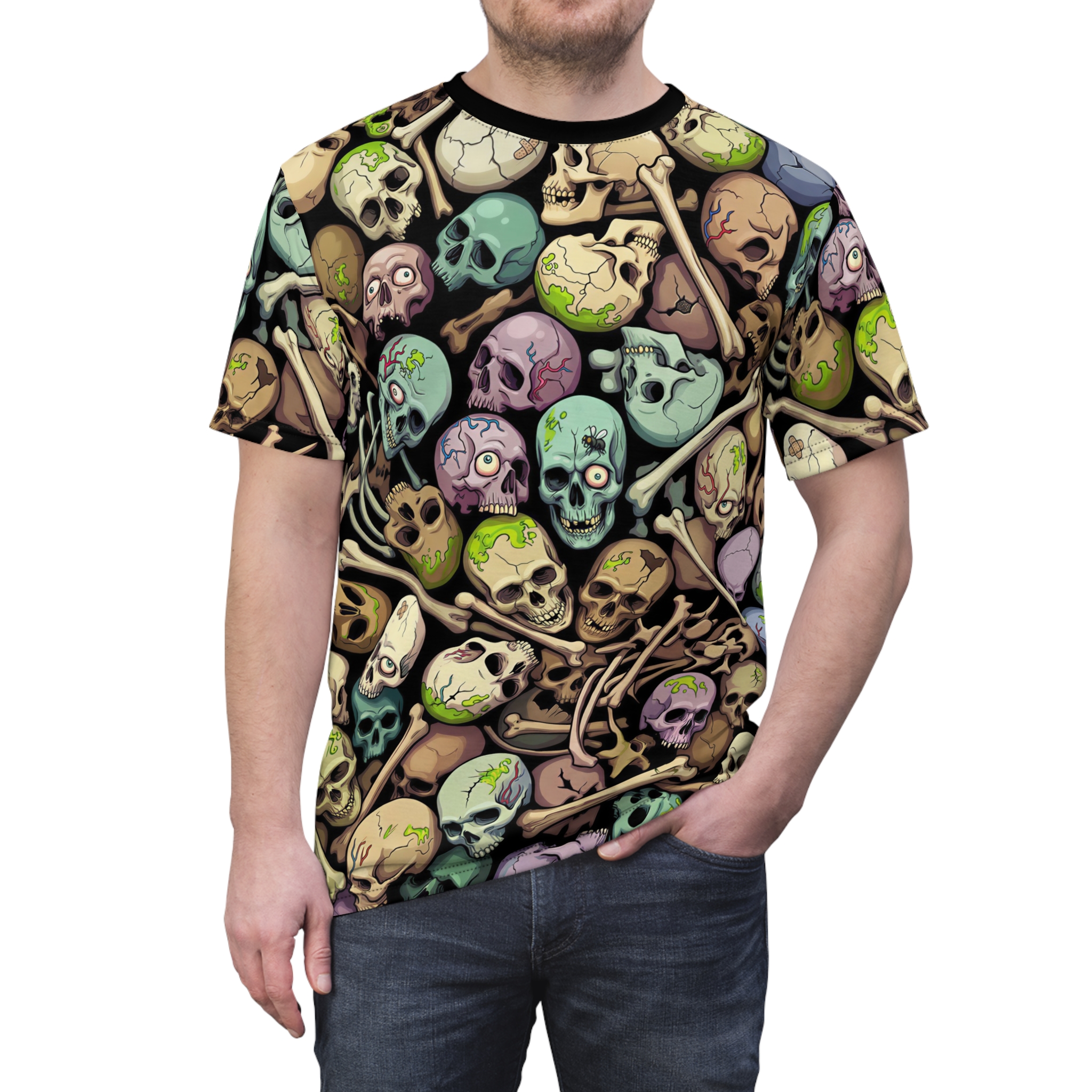 All-Over Print Skull Pile Tee — Colorful Horror Graphic T-Shirt