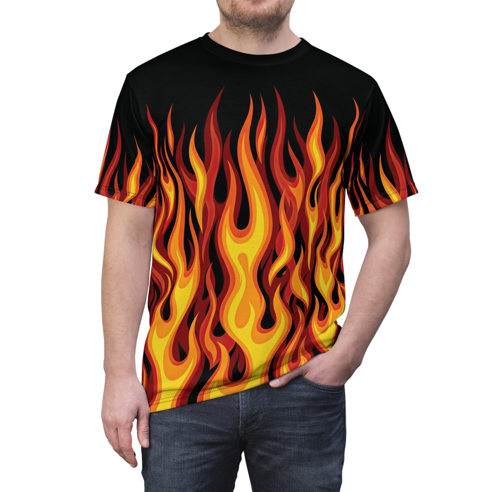 Flame Print Tee — All-Over Fire Graphic T-Shirt