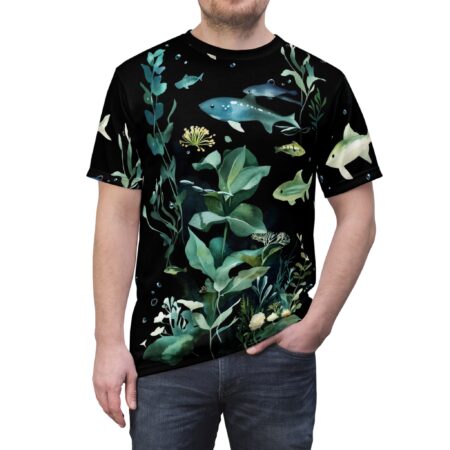 Bold Watercolor Ocean Kelp & Fish All-Over Print Tee – high-quality graphic streetwear t-shirt