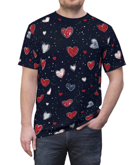 All-Over Heart Pattern Tee — Navy Valentine AOP Shirt