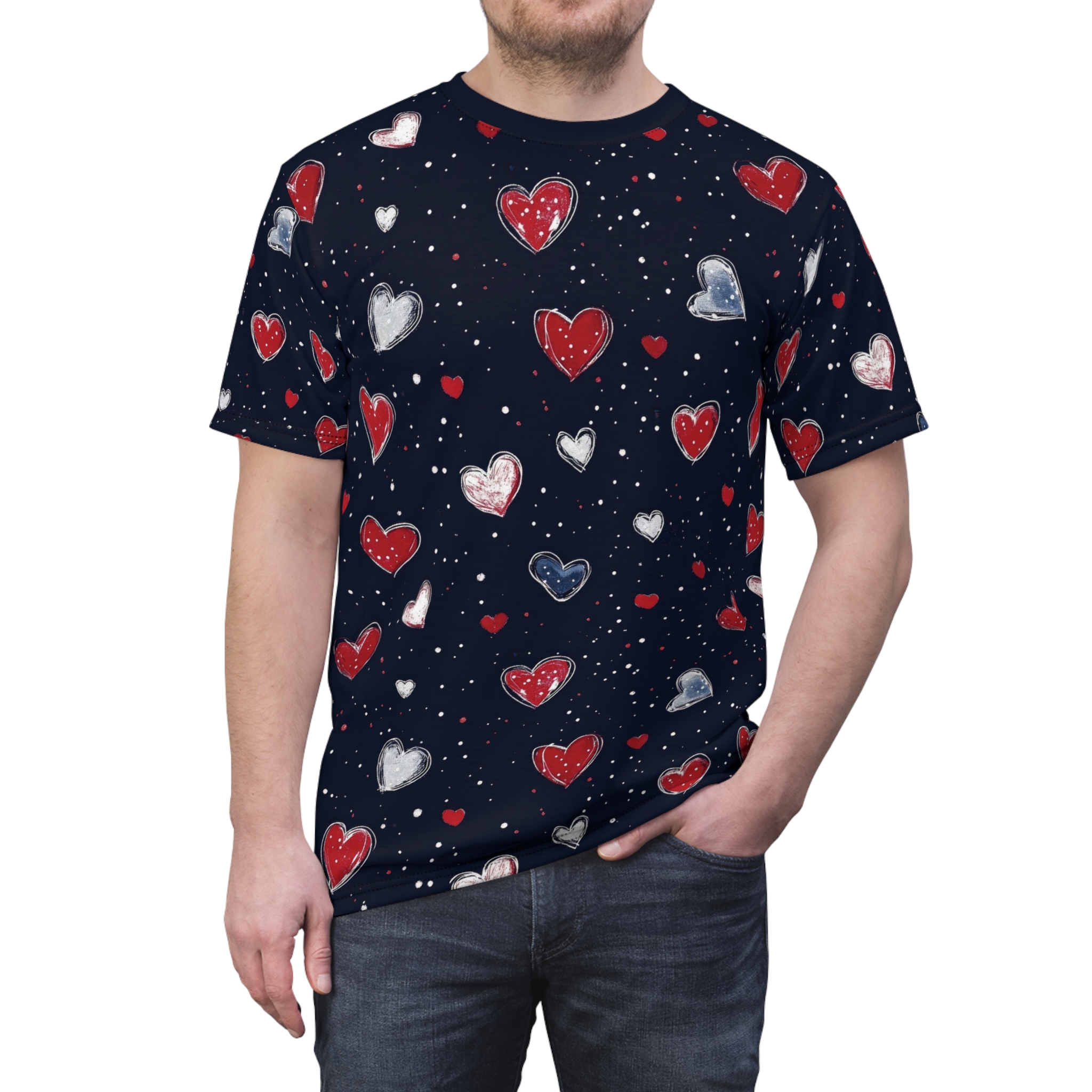 All-Over Heart Pattern Tee — Navy Valentine AOP Shirt