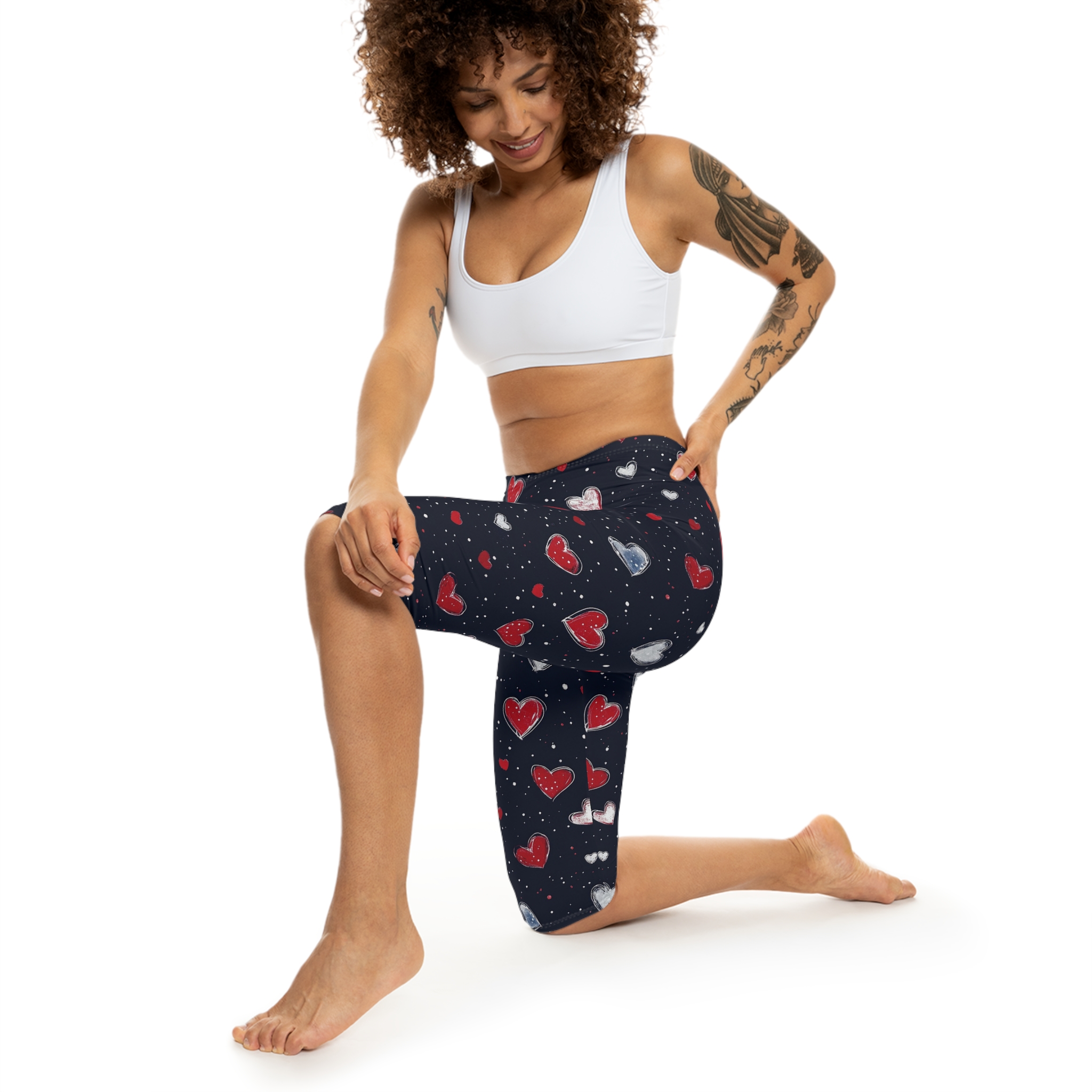 Capri Leggings - Navy Red & White Heart Print (Valentine’s Day) - Image 2
