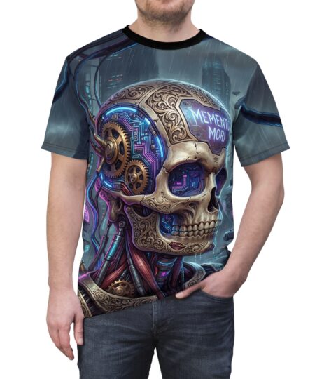 Memento Mori Cyber Skull Tee — All-Over Print Futuristic Gothic Shirt