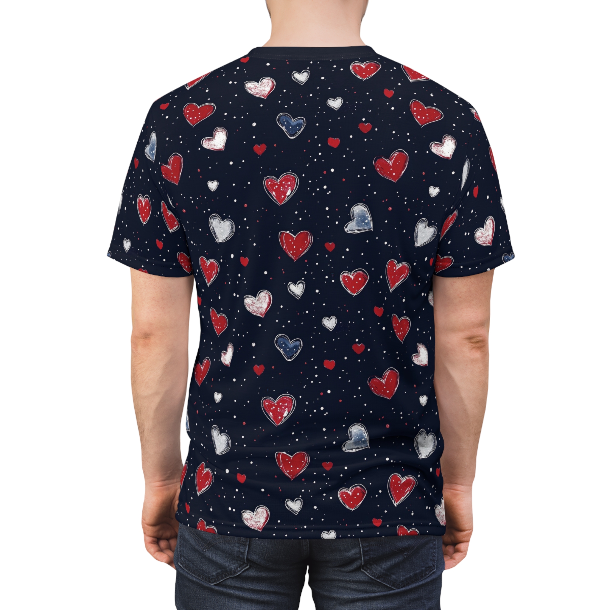 All-Over Heart Pattern Tee — Navy Valentine AOP Shirt - Image 2