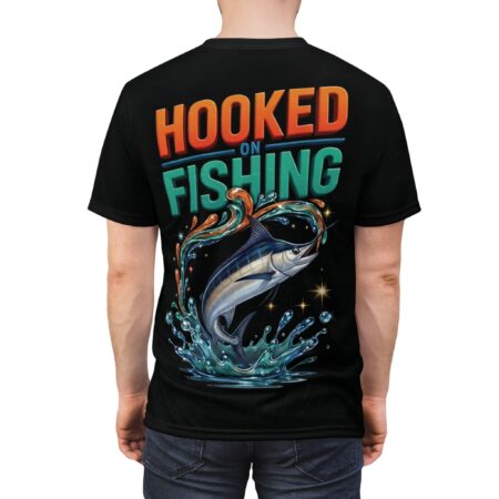 Premium Hooked on Fishing Tee — Graphic Marlin Fishing T-Shirt for Anglers – soft all-over print unisex tee