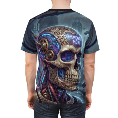 Memento Mori Cyber Skull Tee — All-Over Print Futuristic Gothic Shirt