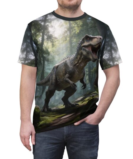 T-Rex Forest All-Over Print Tee — Realistic Dinosaur Graphic T-Shirt